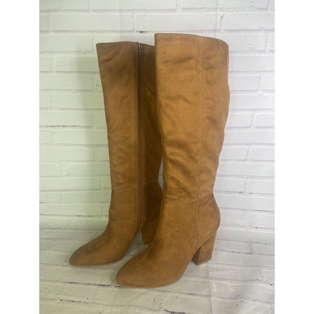 12 Thompson Tan Brown Faux Suede Tall Side Zip High Heel Boots Womens Size 10